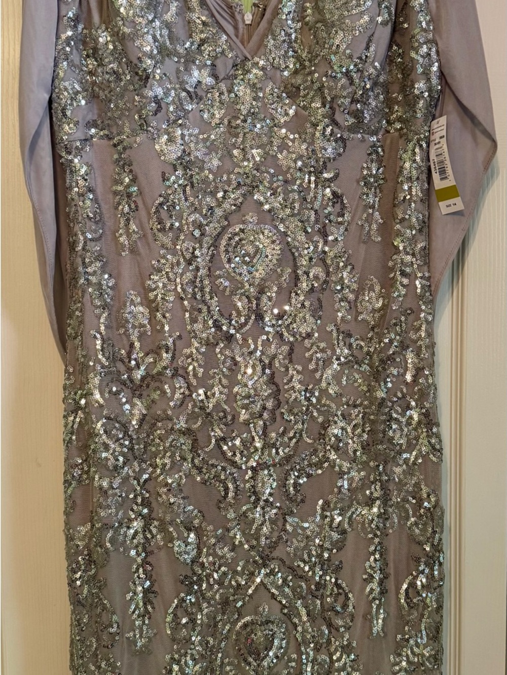 R&M Richards Silver Sequin V-Neck Evening Dress
